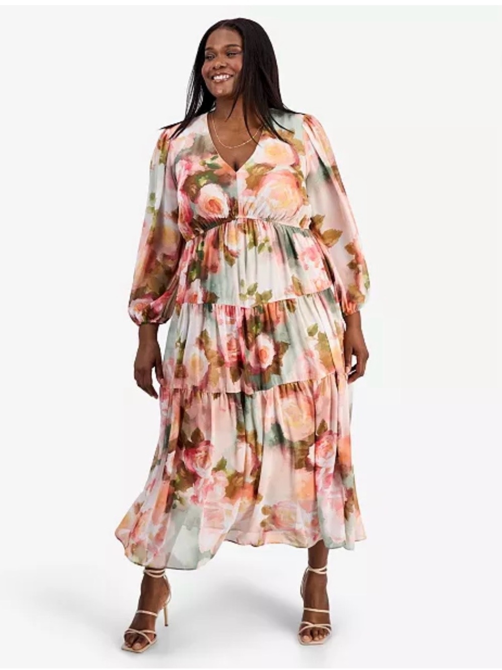 Signature by Robbie Bee Floral Tiered Maxi Dress - Pink, Green
